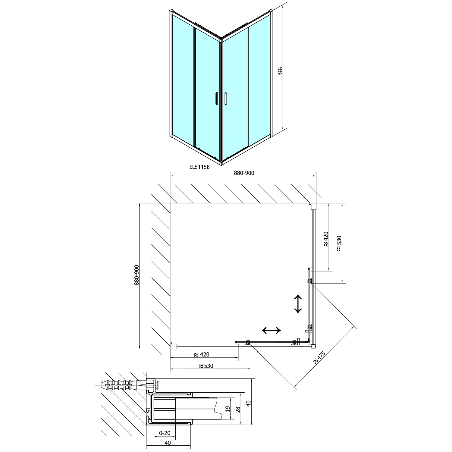 Polysan EASY BLACK čtvercová sprchová zástěna 900x900mm, čiré sklo, technický nákres