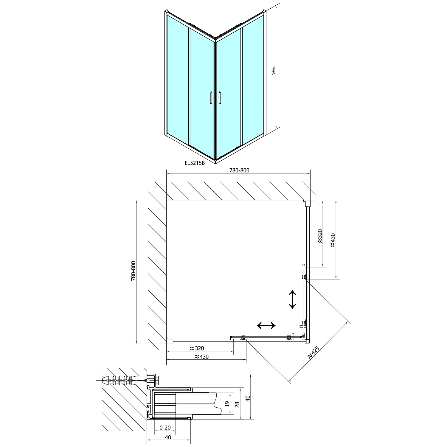 Polysan EASY BLACK čtvercová sprchová zástěna 800x800mm, čiré sklo, technický nákres