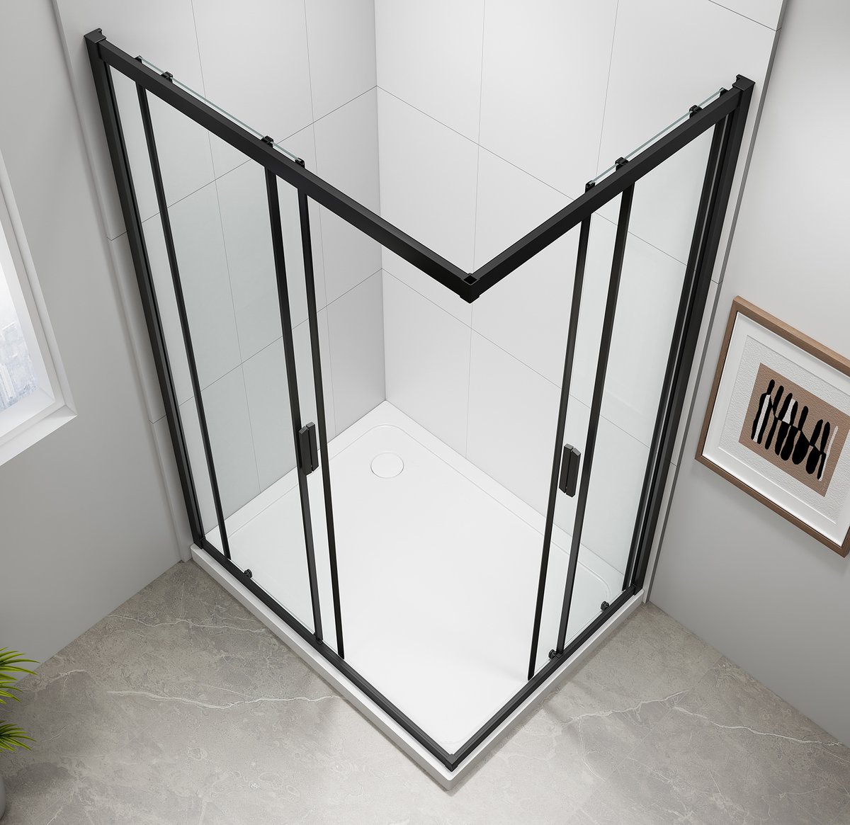 Polysan EASY BLACK obdélníková sprchová zástěna 900x800mm, čiré sklo, pohled shora v koupelně