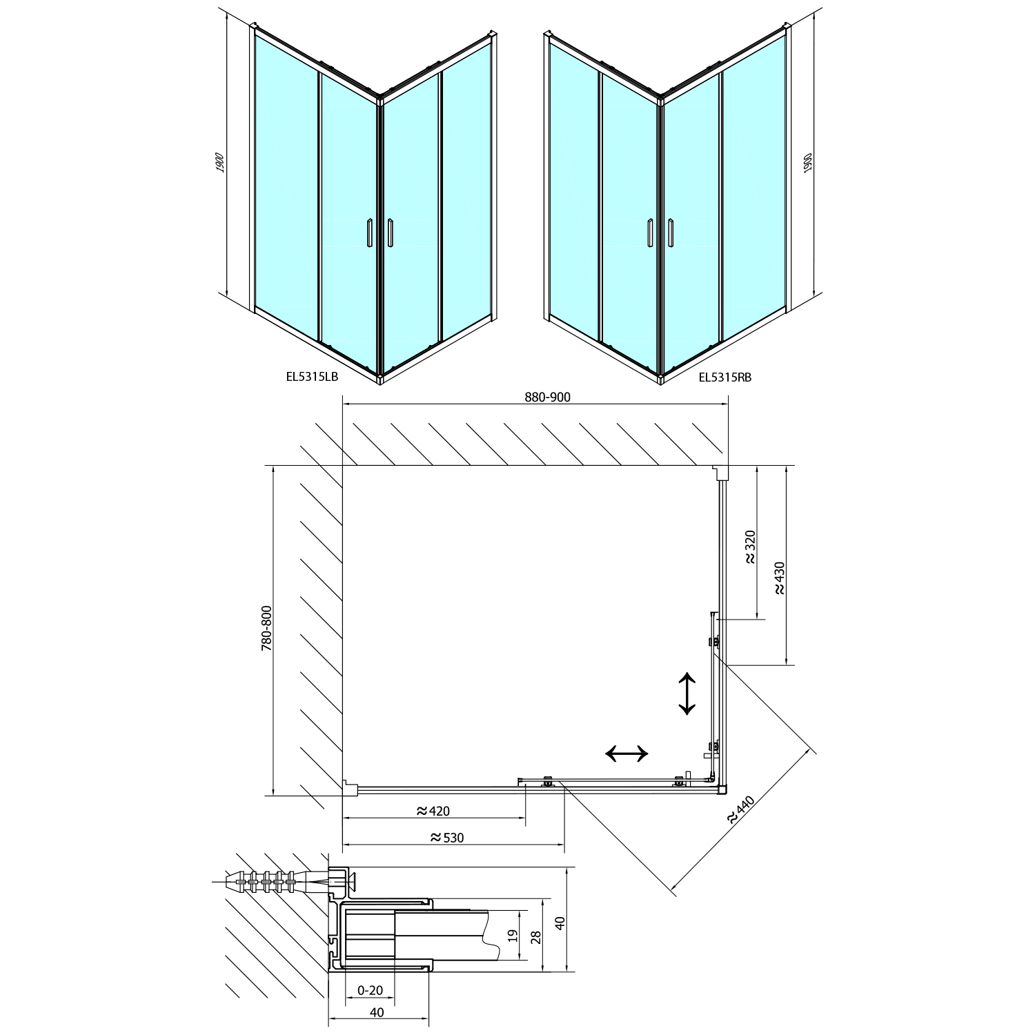 Polysan EASY BLACK obdélníková sprchová zástěna 900x800mm, čiré sklo, technický nákres