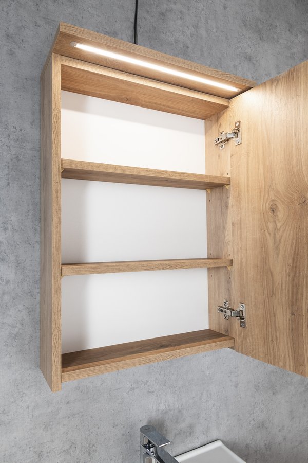 Aqualine KAWA STRIP galerka s LED osvětlením 50x70x22cm, dub emporio, otevřená skříňka s policemi
