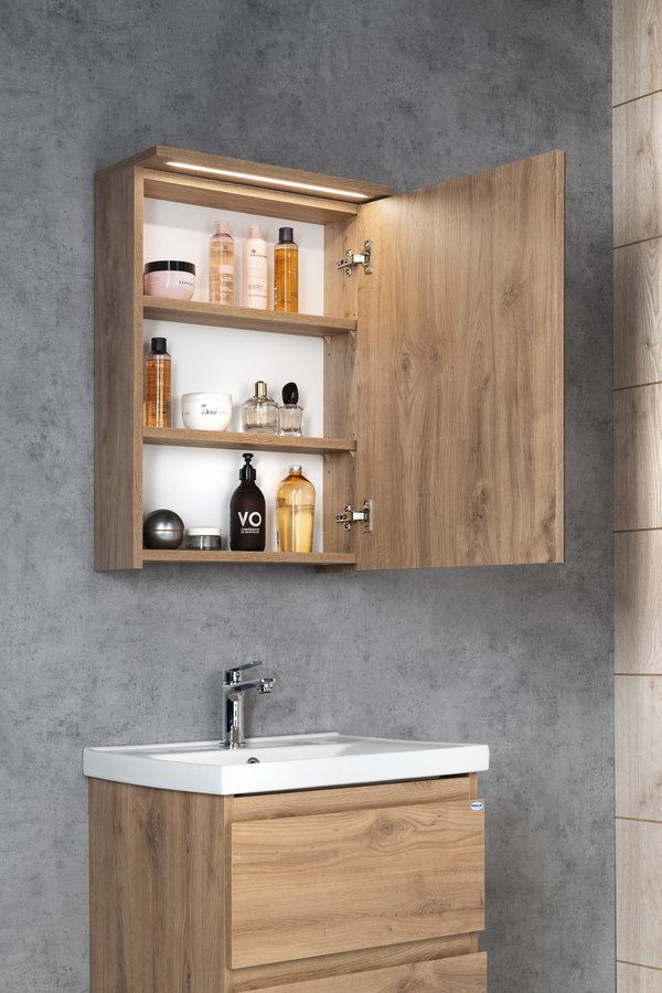 Aqualine KAWA STRIP galerka s LED osvětlením 50x70x22cm, dub emporio, otevřená skříňka nad umyvadlem