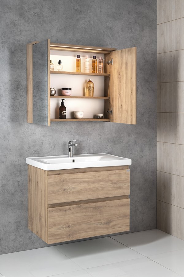 Aqualine KAWA STRIP galerka s LED osvětlením 80x70x22cm, dub emporio, otevřená skříňka nad umyvadlem