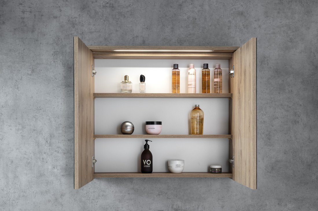 Aqualine KAWA STRIP galerka s LED osvětlením 80x70x22cm, dub emporio, otevřená skříňka s policemi