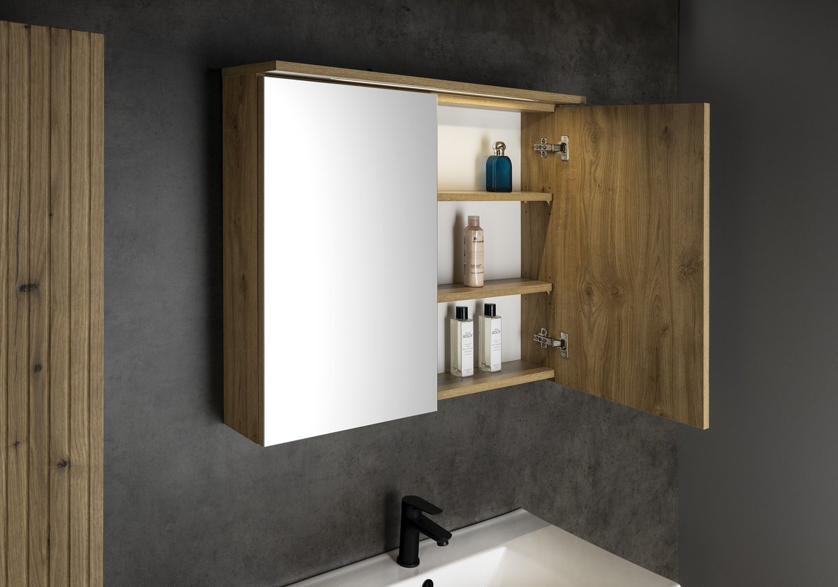 Aqualine KAWA STRIP galerka s LED osvětlením 80x70x22cm, dub emporio, s otevřenými dvířky