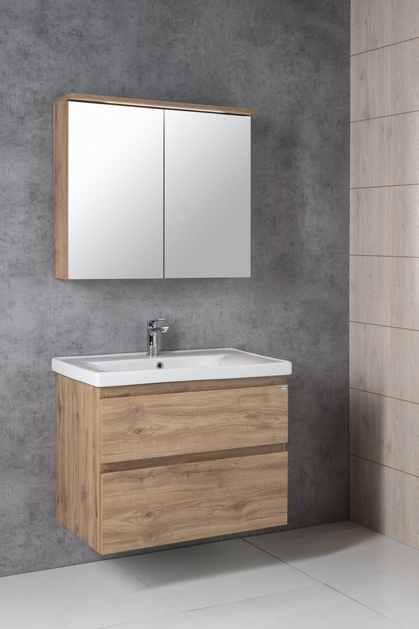 Aqualine KAWA STRIP galerka s LED osvětlením 80x70x22cm, dub emporio, v koupelně se zrcadlovou skříňkou