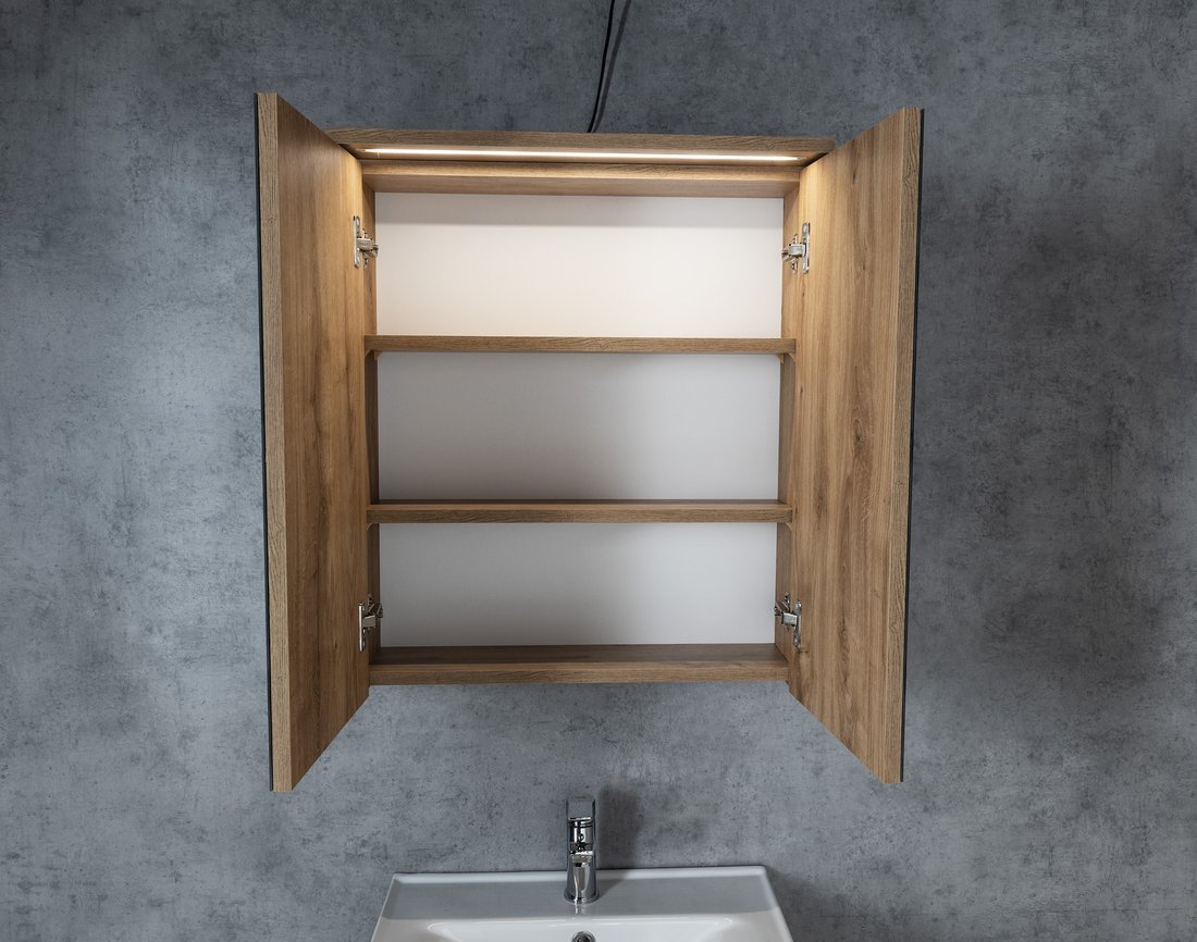 Aqualine KAWA STRIP galerka s LED osvětlením 60x70x22cm, dub emporio, otevřená prázdná skříňka