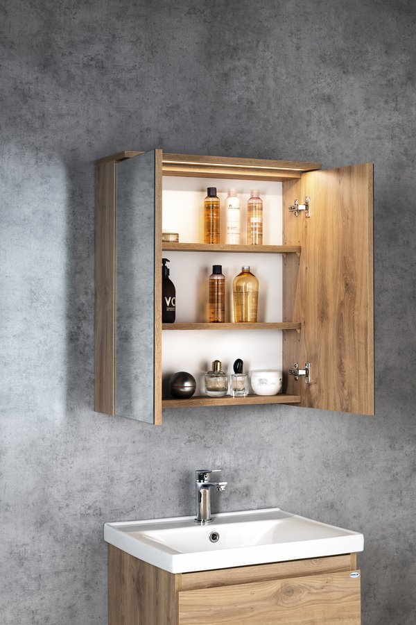 Aqualine KAWA STRIP galerka s LED osvětlením 60x70x22cm, dub emporio, otevřená skříňka nad umyvadlem