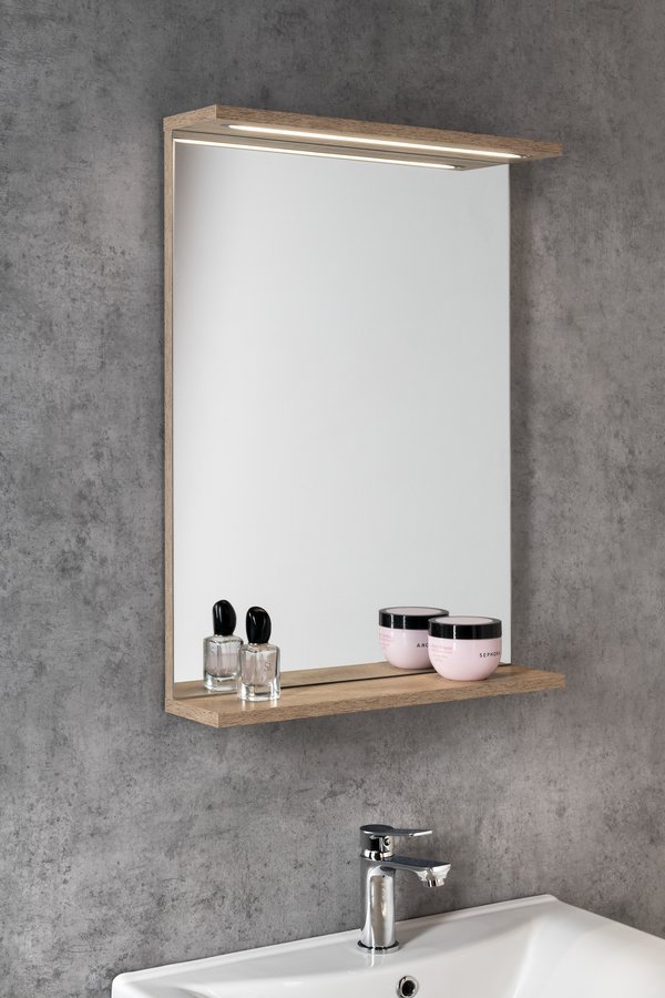 Aqualine KORIN STRIP zrcadlo s LED osvětlením 50x70x12cm, dub platin, nad umyvadlem s poličkou