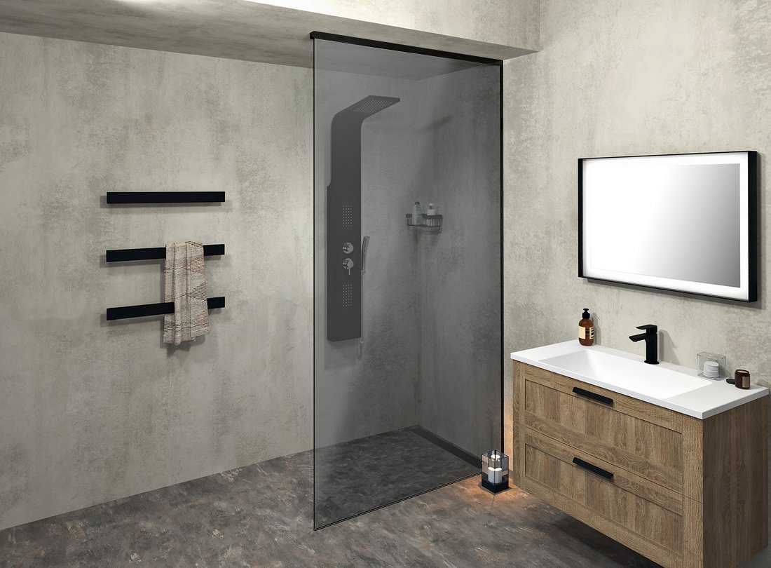 Polysan ARCHITEX sada pro neviditelné uchycení skla, podlaha-stěna-strop, 1610x2600mm, černá mat, v koupelně