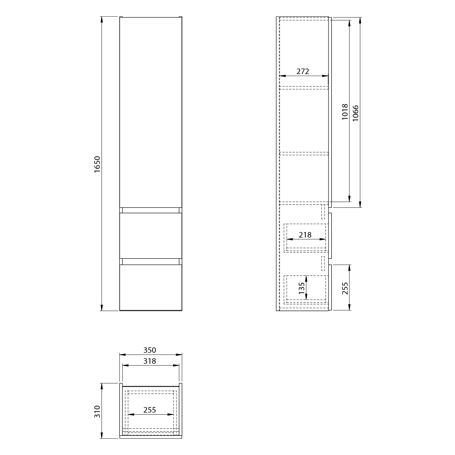 Aqualine PANEDA skříňka vysoká 35x165x31cm, levá/pravá, bílá, technický nákres