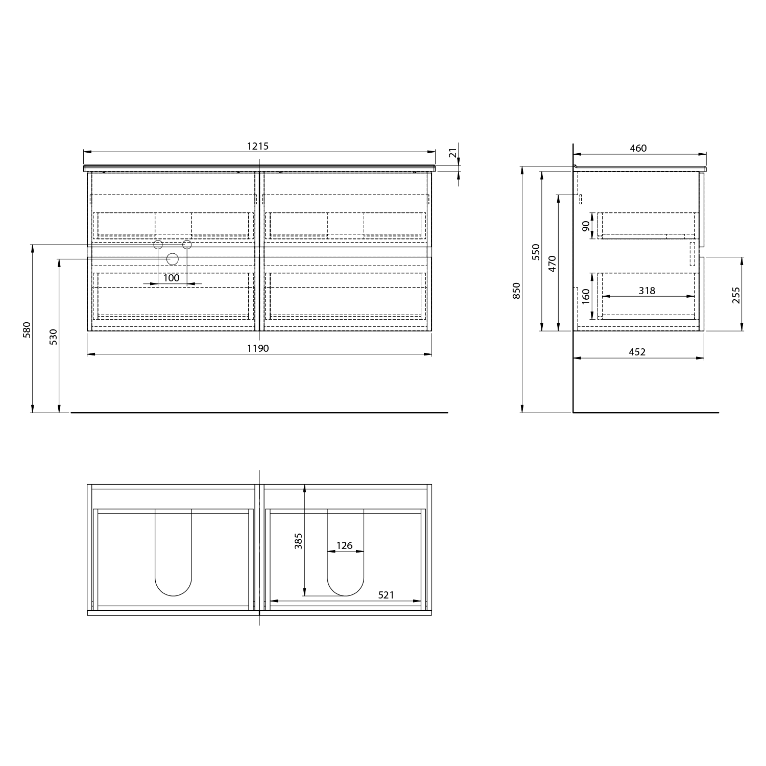 Aqualine PANEDA umyvadlová skříňka 119x55x45,2cm, bílá, technický nákres