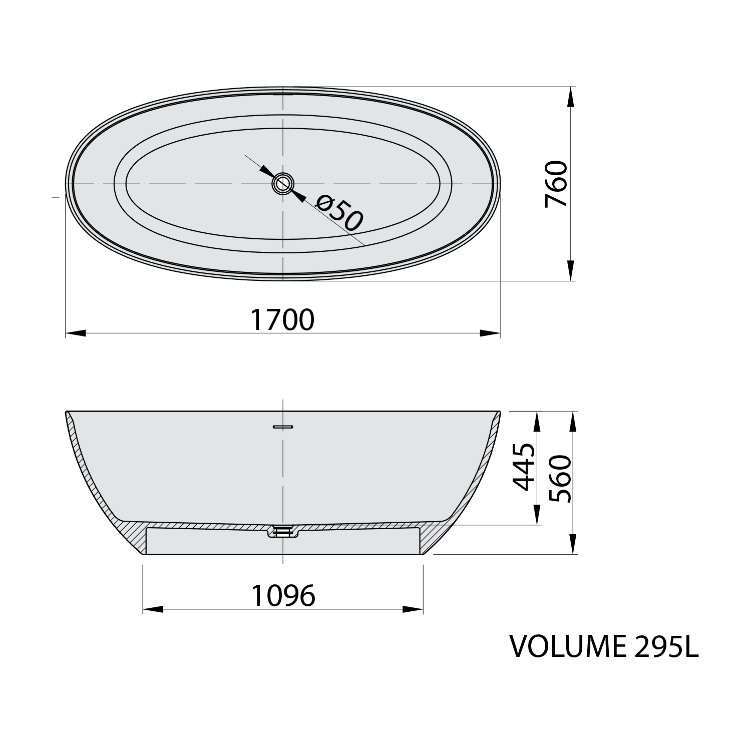 Polysan NOYA volně stojící vana, solid surface, 170x76x56cm, bílá mat, technický nákres