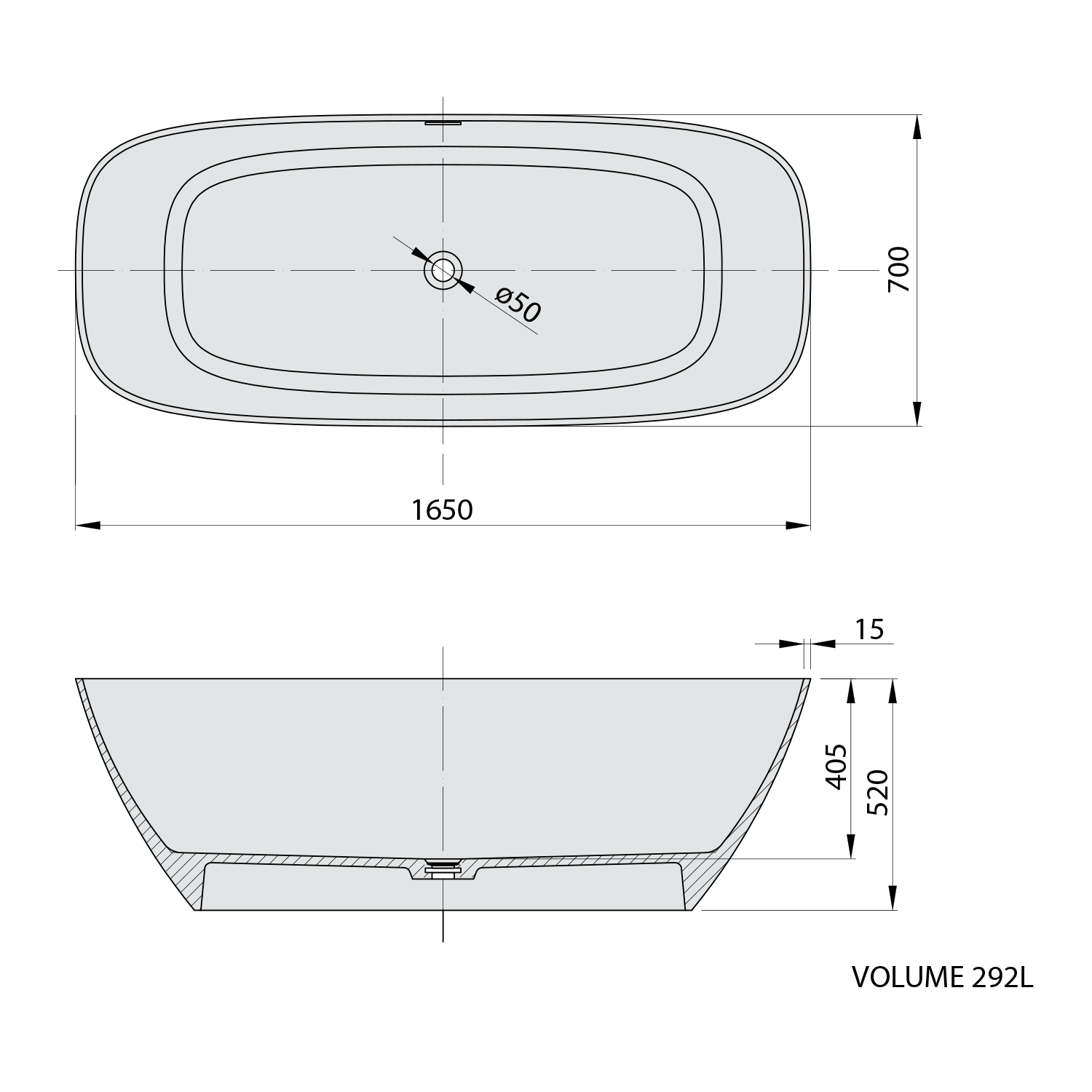 Polysan MEDINA volně stojící vana, solid surface, 165x70x52cm, bílá mat, technický nákres