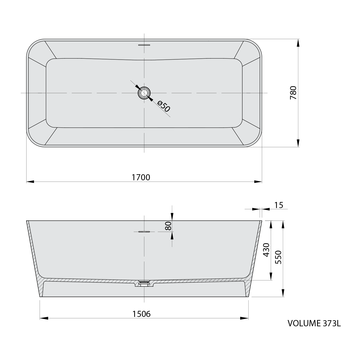 Polysan LEYLA volně stojící vana, solid surface 170x78x55cm, bílá mat, technický nákres