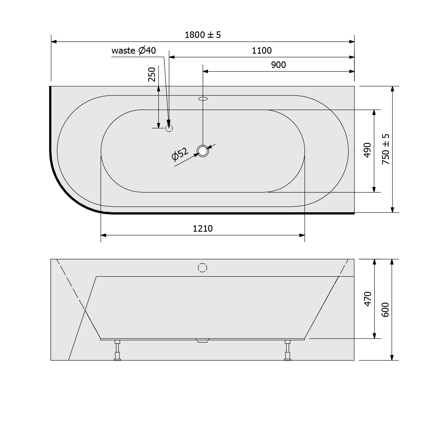 Polysan VIVA R MONOLITH asymetrická vana 180x75x60cm, šedá, technický nákres