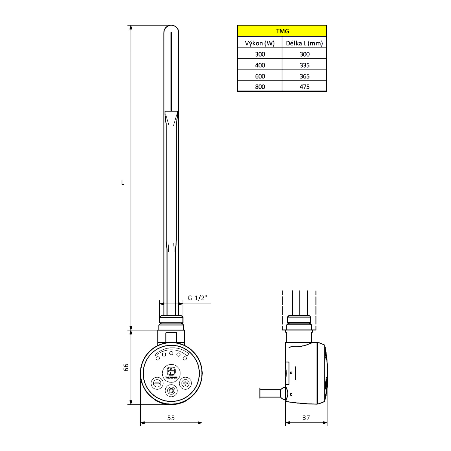 Aqualine Topná tyč s termostatem, 300 W, bílá mat, technický nákres