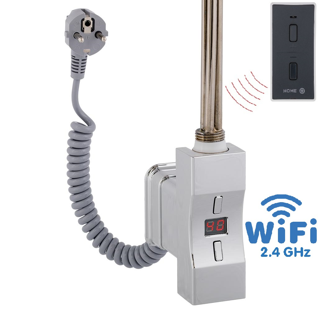 Hydronix Home Plus WiFi, obdélníkový profil, topná tyč, barva lesklý chrom s kabelem se zástrčkou