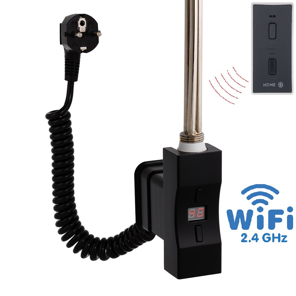 Hydronix Home Plus WiFi, obdélníkový profil, topná tyč, barva černá s kabelem se zástrčkou