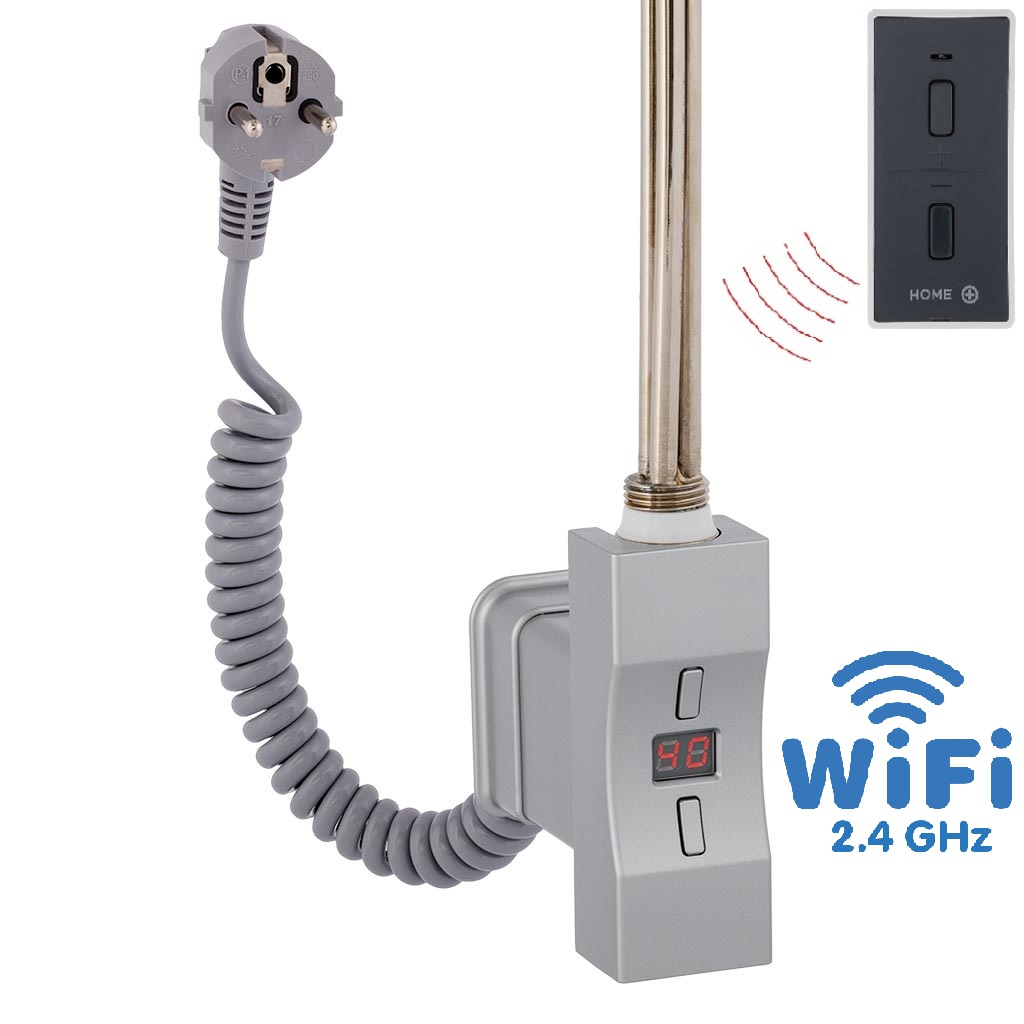 Hydronix Home Plus WiFi, obdélníkový profil, topná tyč, barva matný chrom s kabelem se zástrčkou