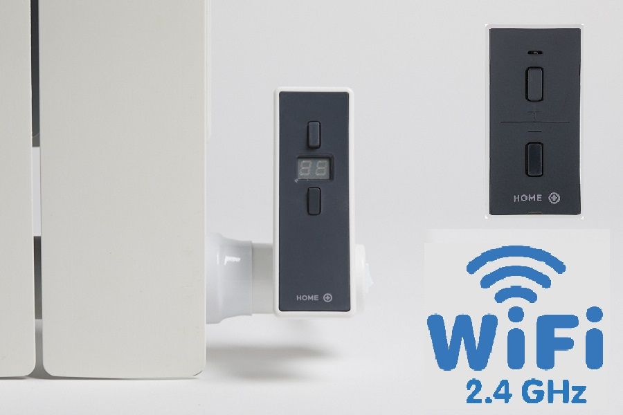 Hydronix Home Plus WiFi HORIZONTAL, topná tyč, ukázka montáže na radiátoru, barva bílá