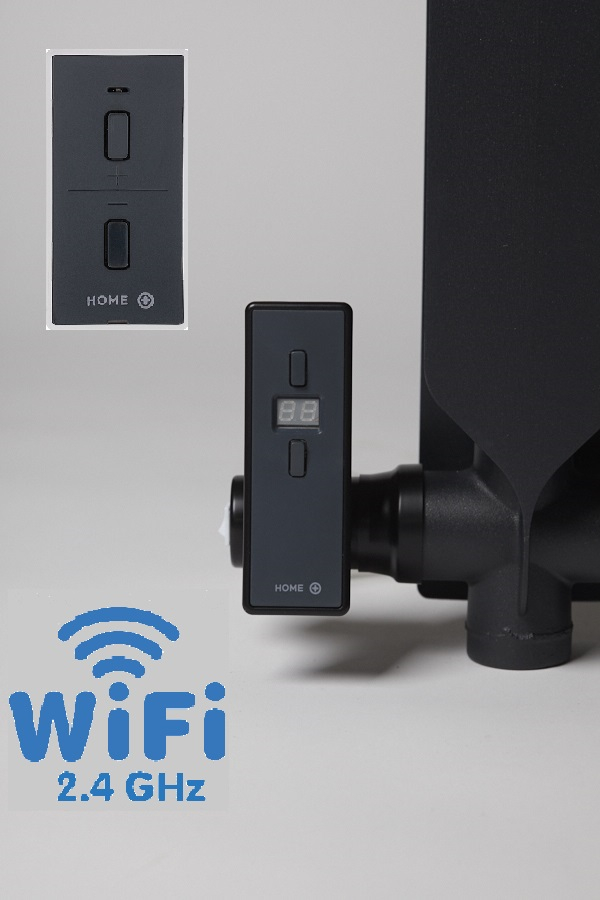 Hydronix Home Plus WiFi HORIZONTAL, topná tyč, ukázka montáže na radiátoru, barva černá