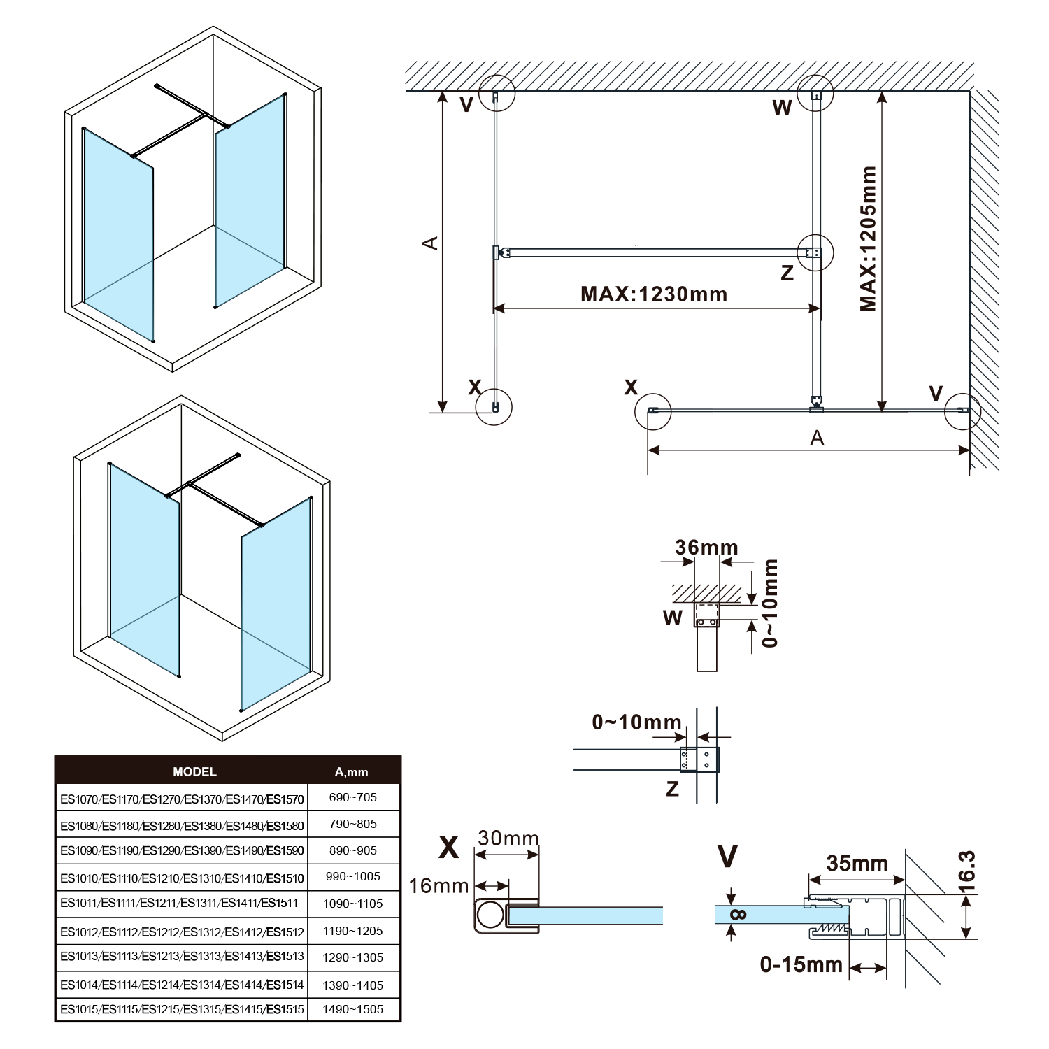 Polysan ESCA kouřové matné sklo 1067x2100mm, technický nákres 2