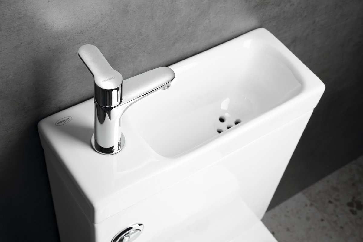 Aqualine JALTA HYGIE WC kombi s umývátkem, Rimless, spodní/zadní odpad, bílá, na malém umyvadle shora