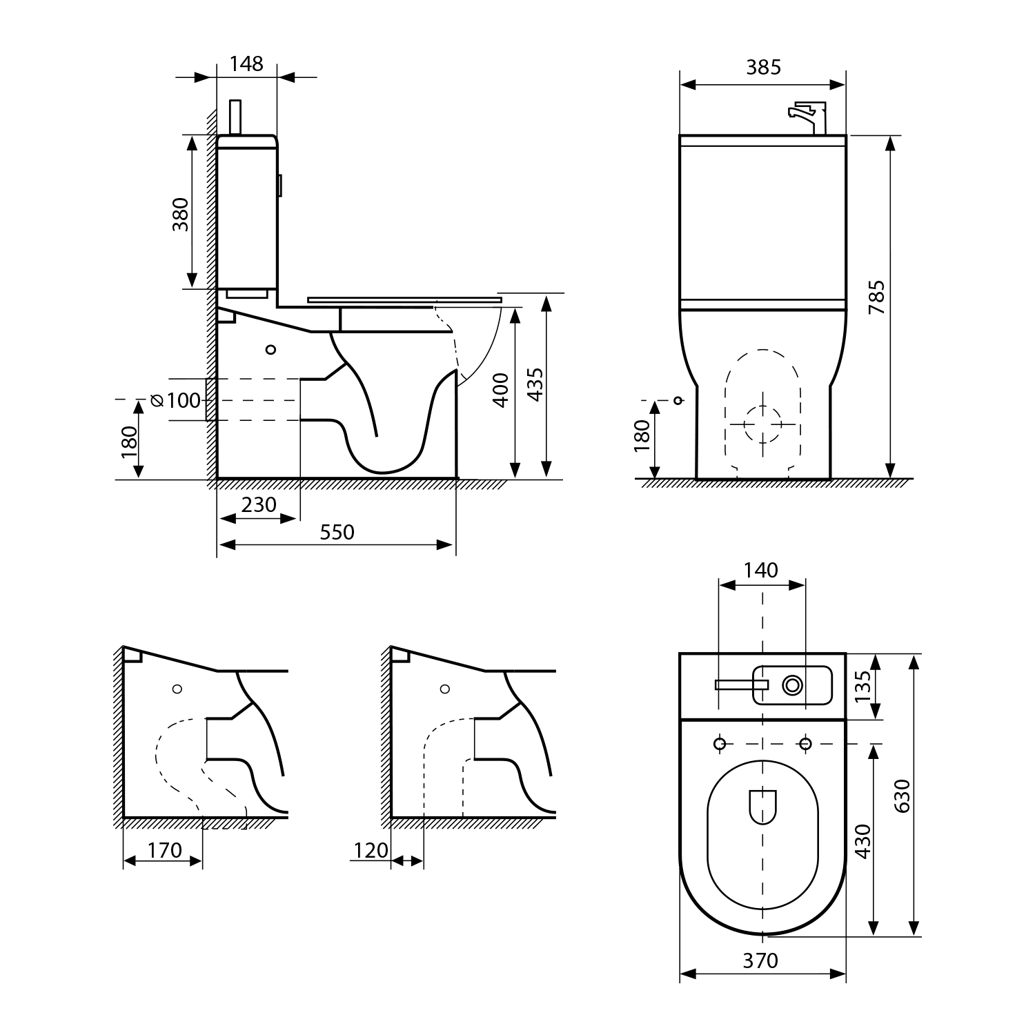 Aqualine JALTA HYGIE WC kombi s umývátkem, Rimless, spodní/zadní odpad, bílá, technický nákres