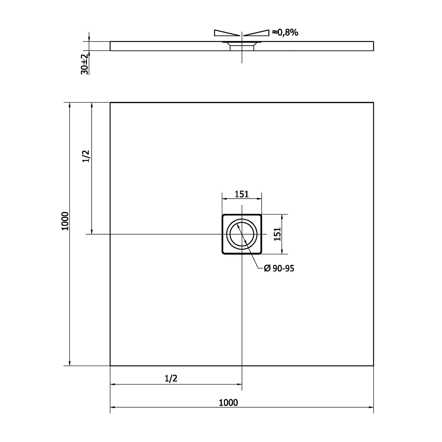 Polysan FLEXIA vanička z litého mramoru s možností úpravy rozměru, 100x100cm, béžová mat, technický nákres