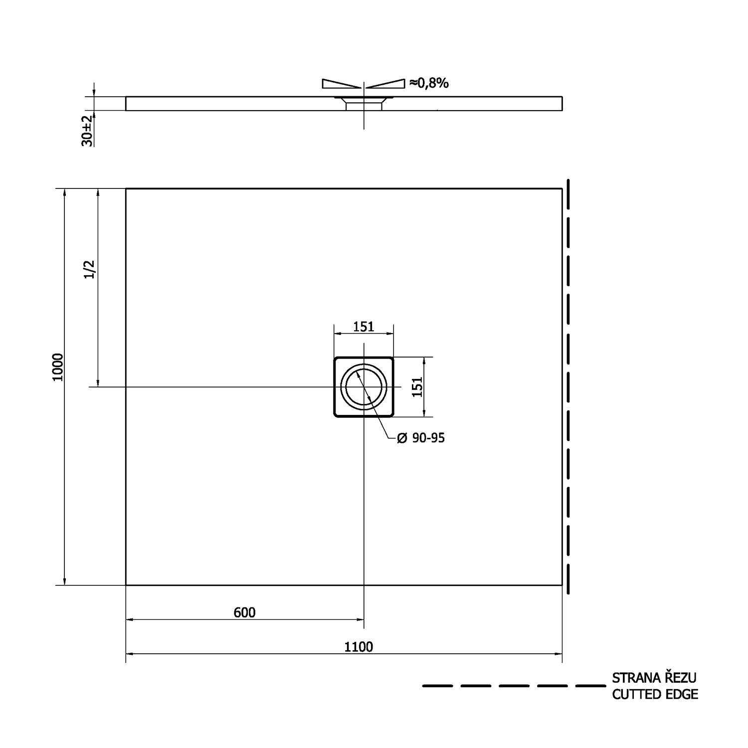 Polysan FLEXIA vanička z litého mramoru s možností úpravy rozměru, 110x100cm, hnědá mat, technický nákres
