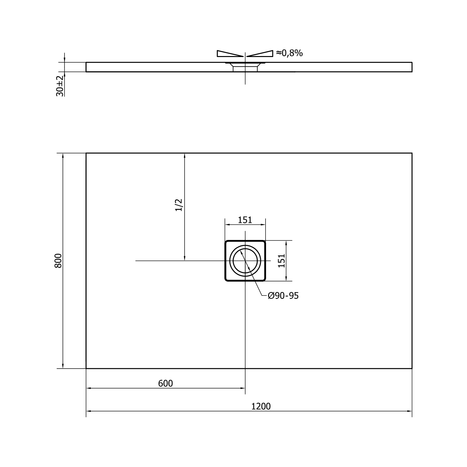 Polysan FLEXIA vanička z litého mramoru s možností úpravy rozměru, 120x80cm, antracit mat, technický nákres