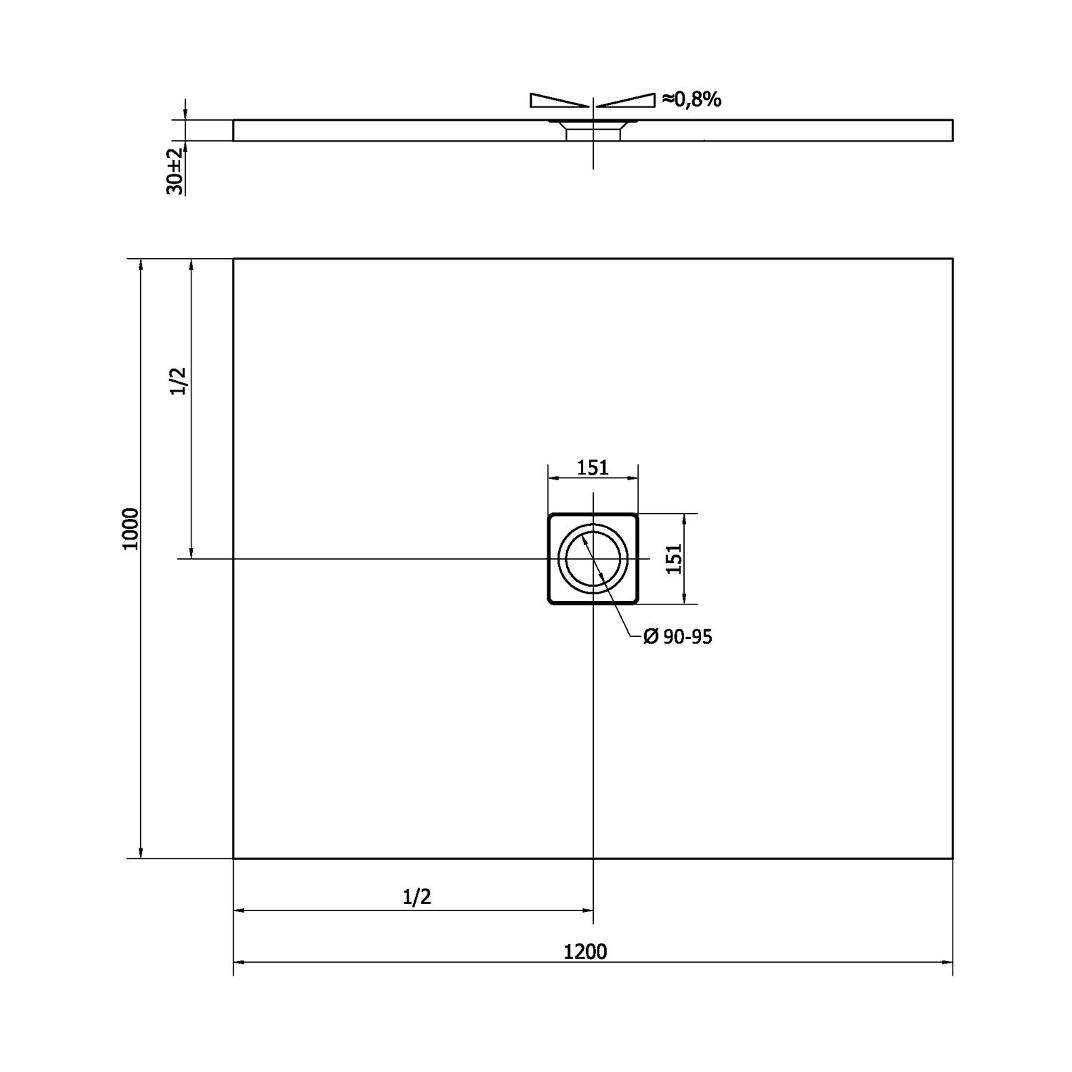 Polysan FLEXIA vanička z litého mramoru s možností úpravy rozměru, 120x100cm, antracit mat, technický nákres