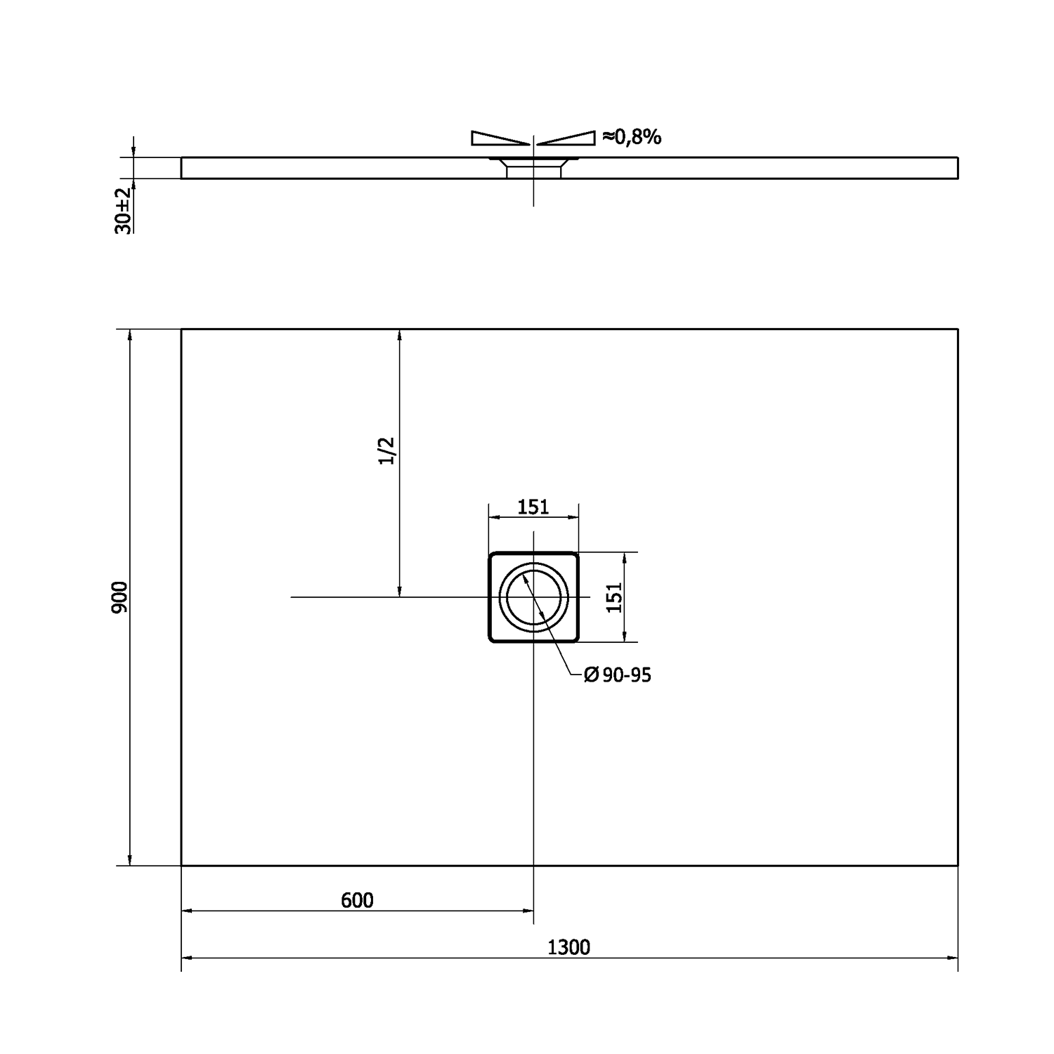 Polysan FLEXIA vanička z litého mramoru s možností úpravy rozměru, 130x90cm, antracit mat, technický nákres