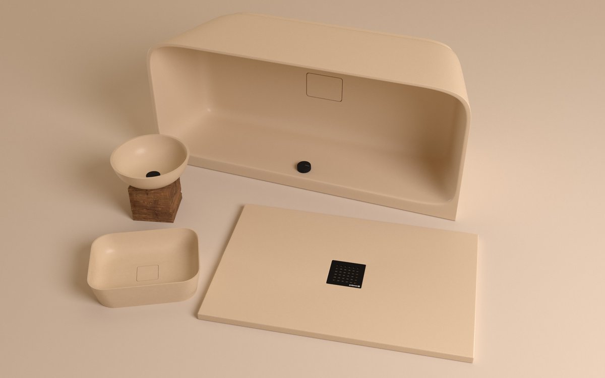 Polysan SKYLLA nástěnná stojící vana litý mramor 170x75x60cm, béžová mat, sestava vany, umyvadla a vaničky 2