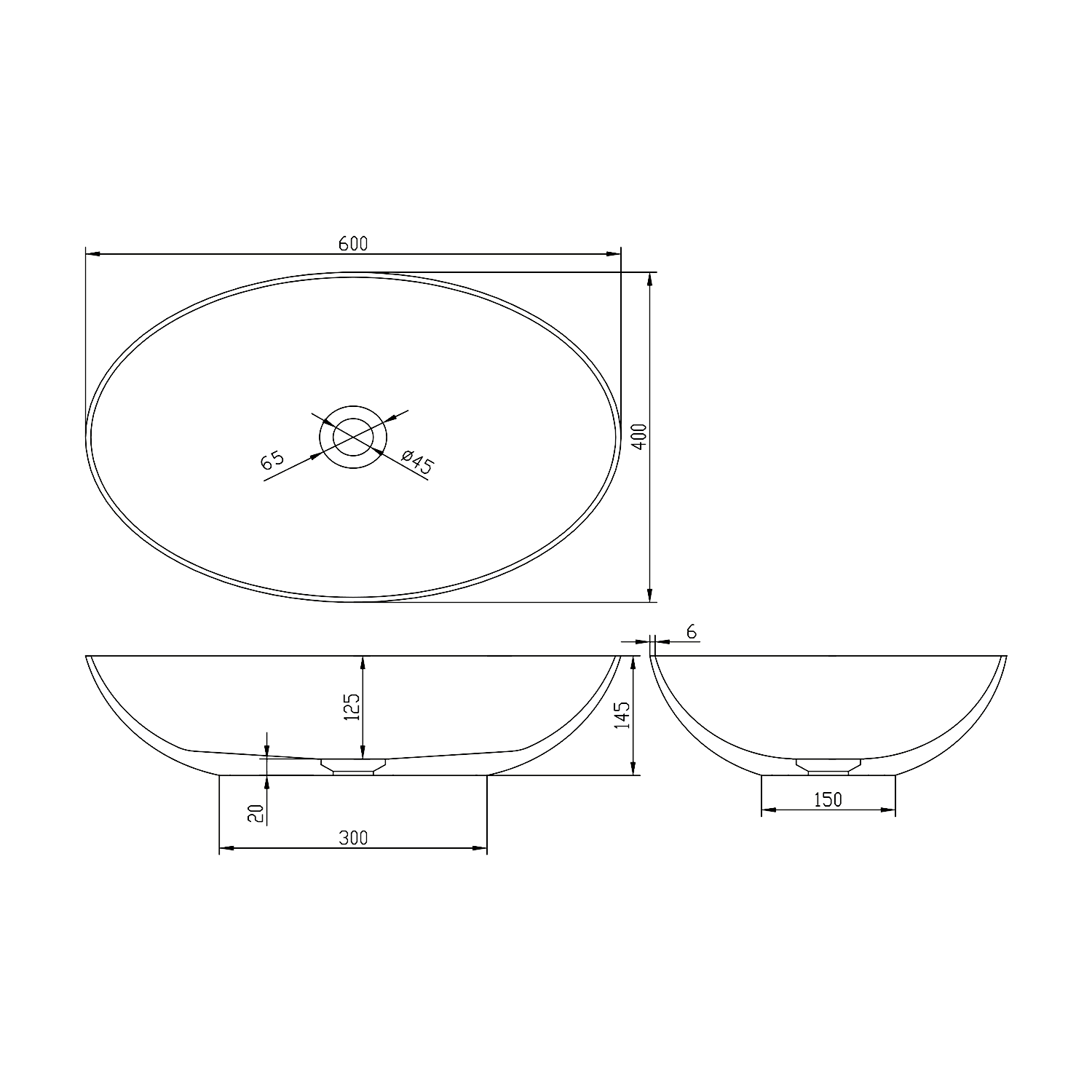 Polysan BANERA OVAL umyvadlo na desku, litý mramor, 60x40cm, bílá/béžová mat, technický nákres