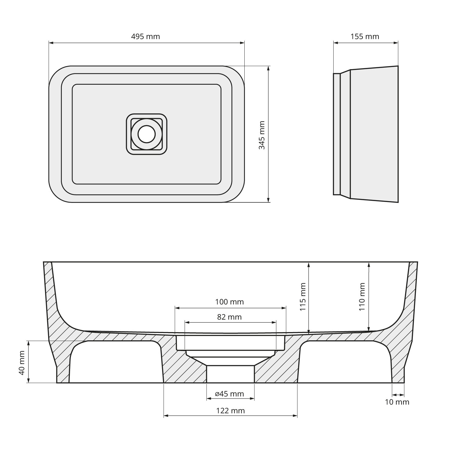 Polysan BANERA SQUARE umyvadlo na desku, litý mramor, 50x36cm, antracit mat, technický nákres