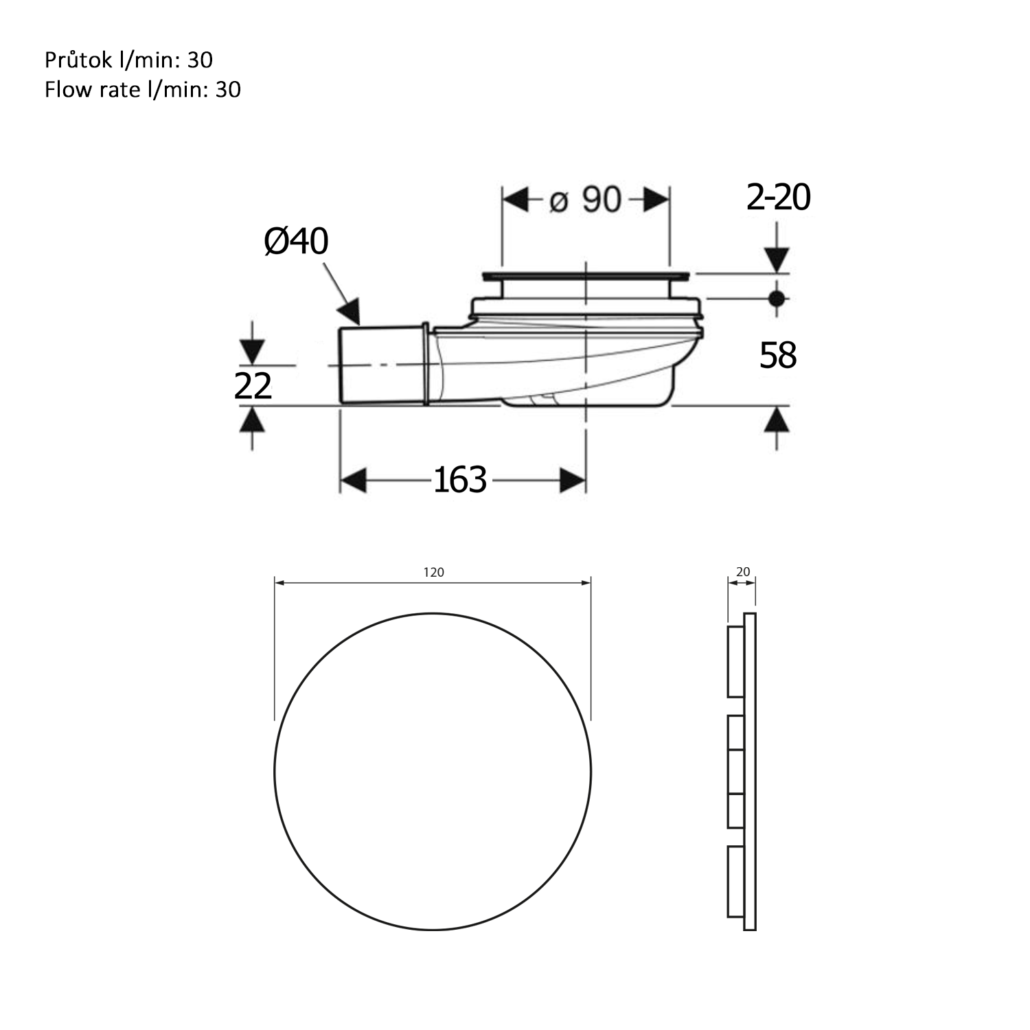 Polysan MIRAI vaničkový sifon, průměr 90mm, DN40, krytka bílá, technický nákres