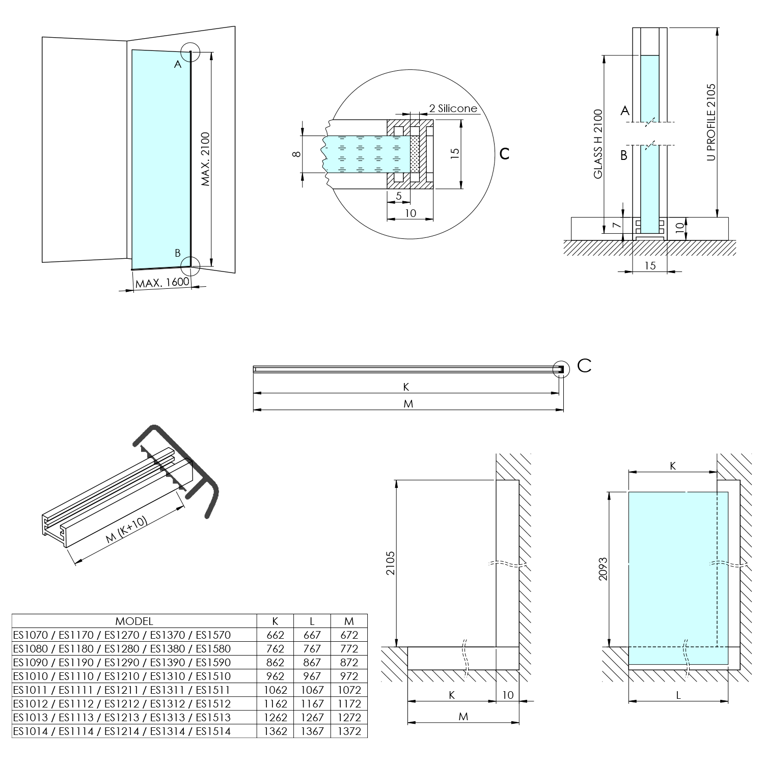 Polysan ARCHITEX CHROM sprchová zástěna 1462mm, kouřové matné sklo, technický nákres