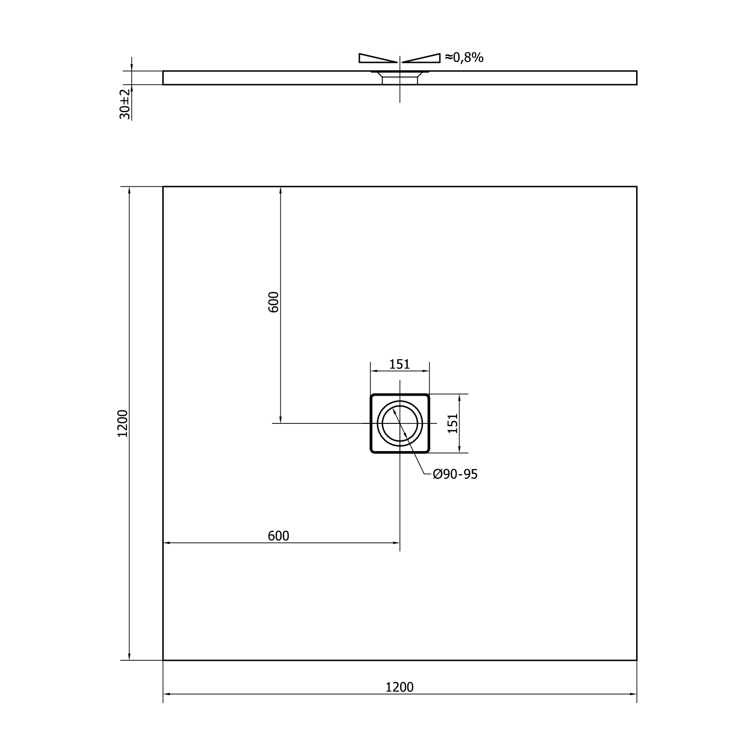 Polysan FLEXIA vanička z litého mramoru s možností úpravy rozměru, 120x120cm, technický nákres