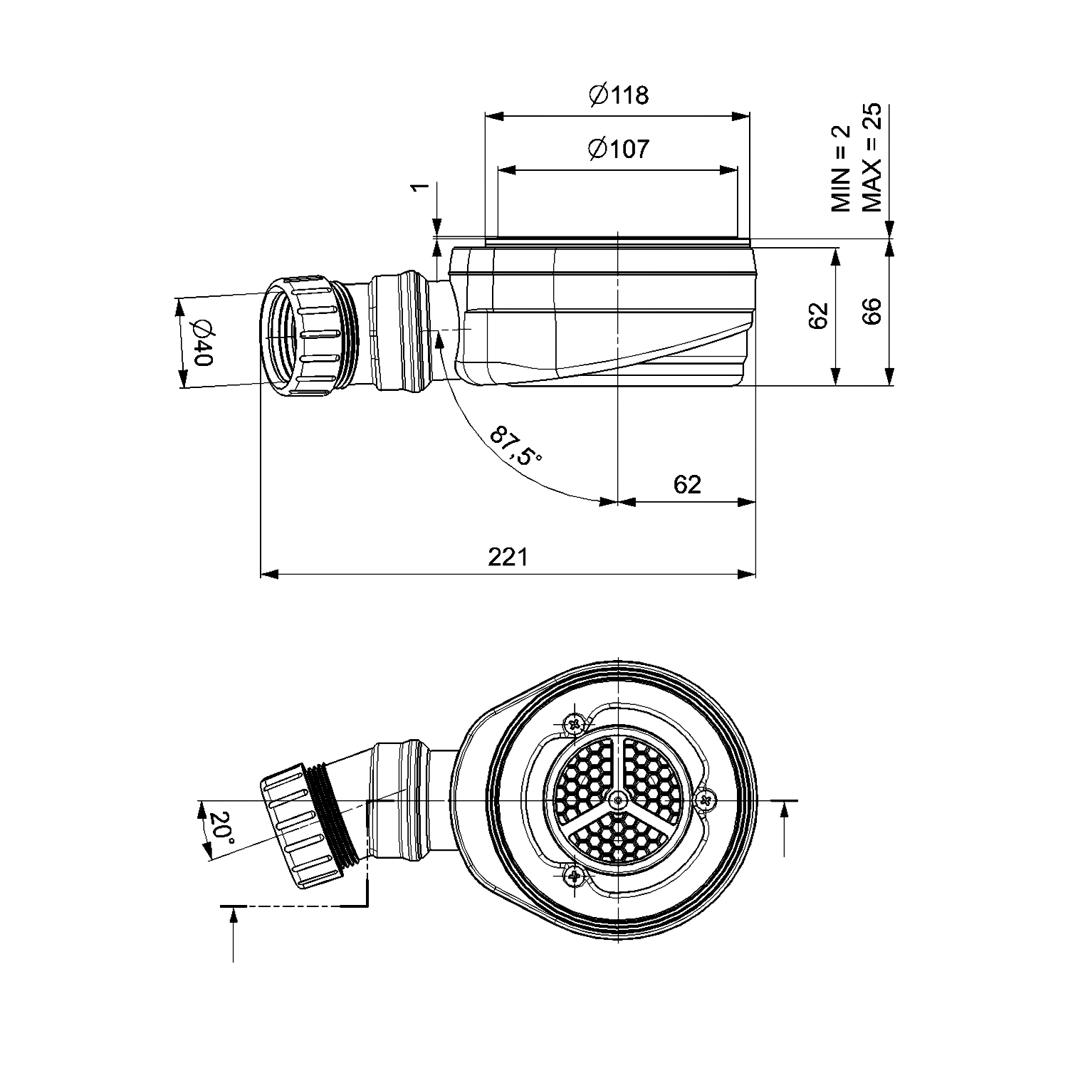 Polysan Vaničkový sifon, průměr 90mm, DN40, nízký, technický nákres