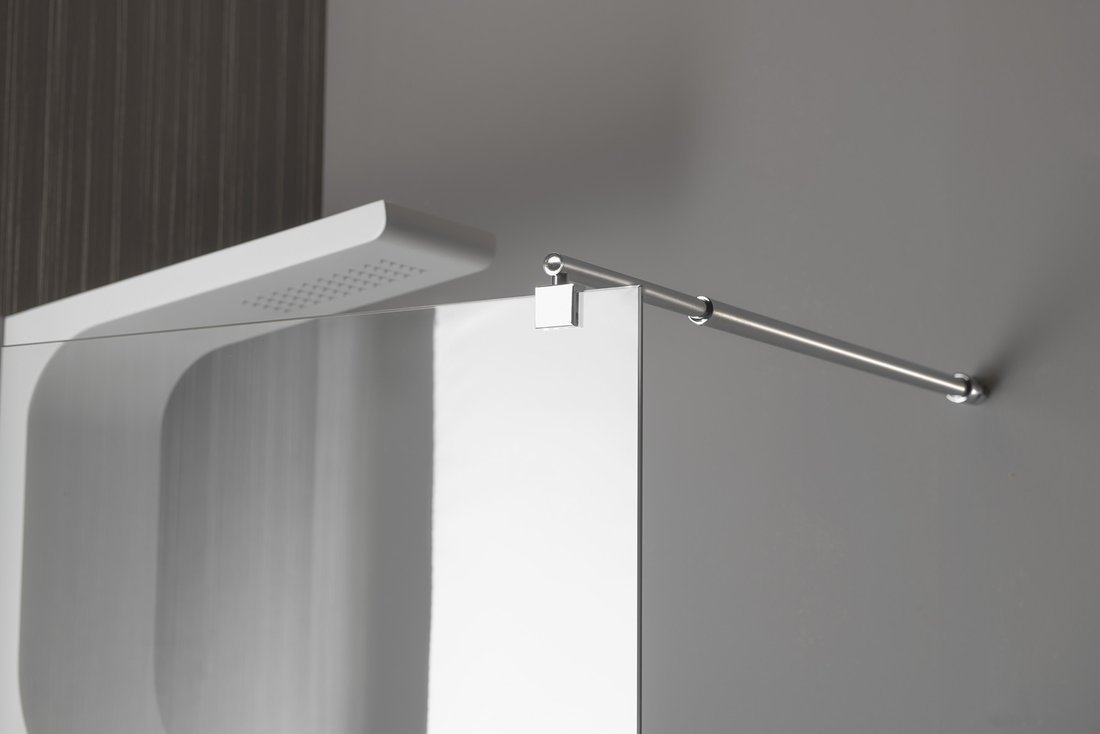 Aqualine WALK-IN zástěna jednodílná k instalaci na zeď, 1200x1900mm, sklo čiré, detail držáku skla a vzpěry