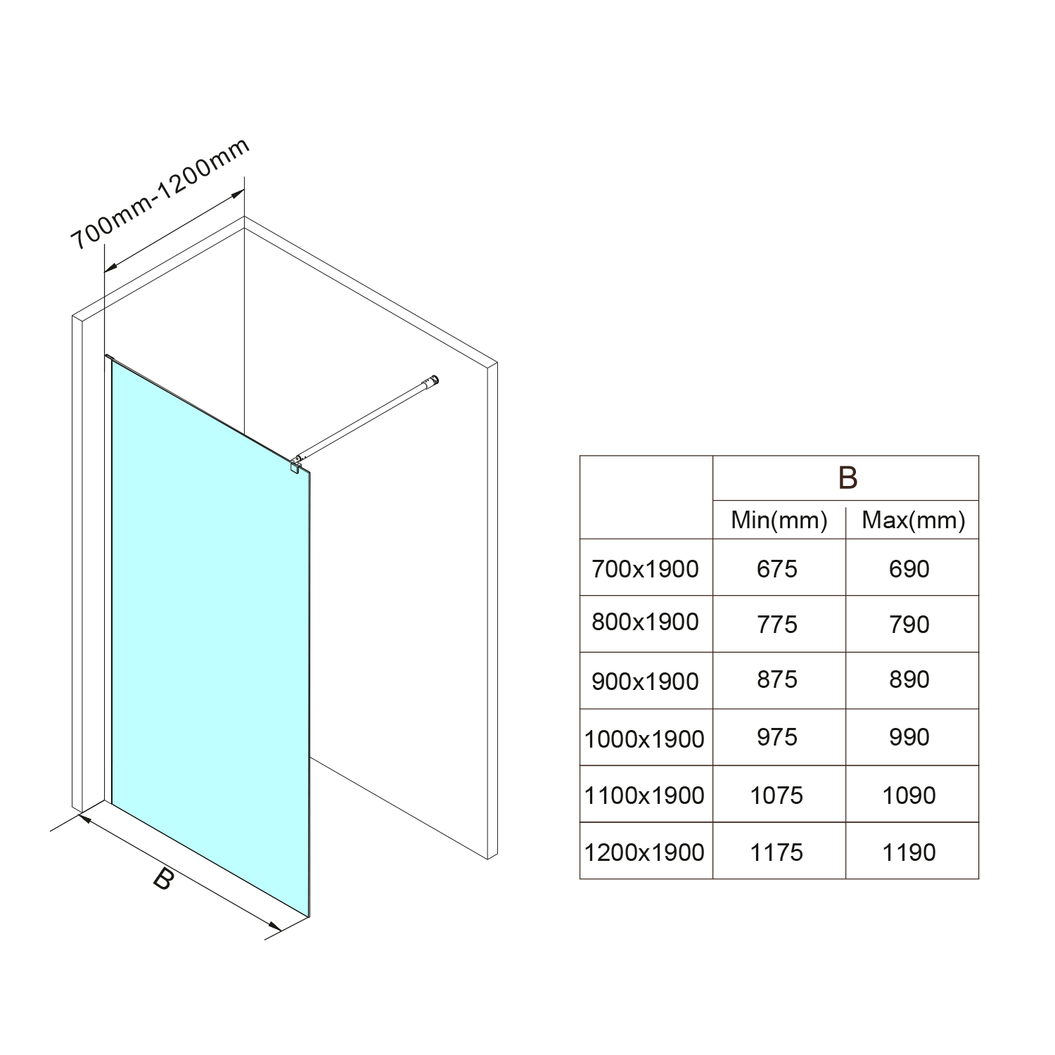 Aqualine WALK-IN zástěna jednodílná k instalaci na zeď, 1200x1900mm, sklo čiré, technický nákres