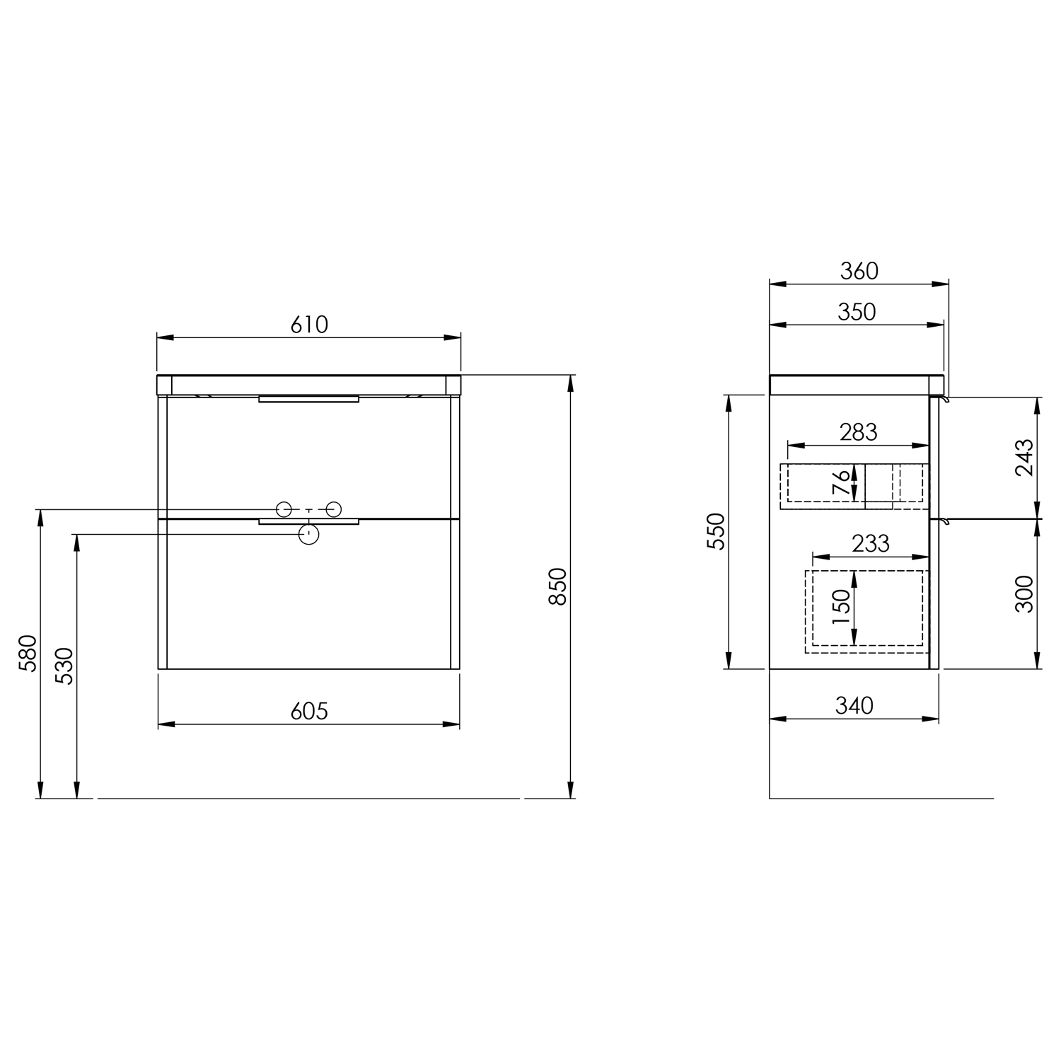 Aqualine DENEB umyvadlová skříňka 60,5x55x34,5cm, bílá mat, technický nákres