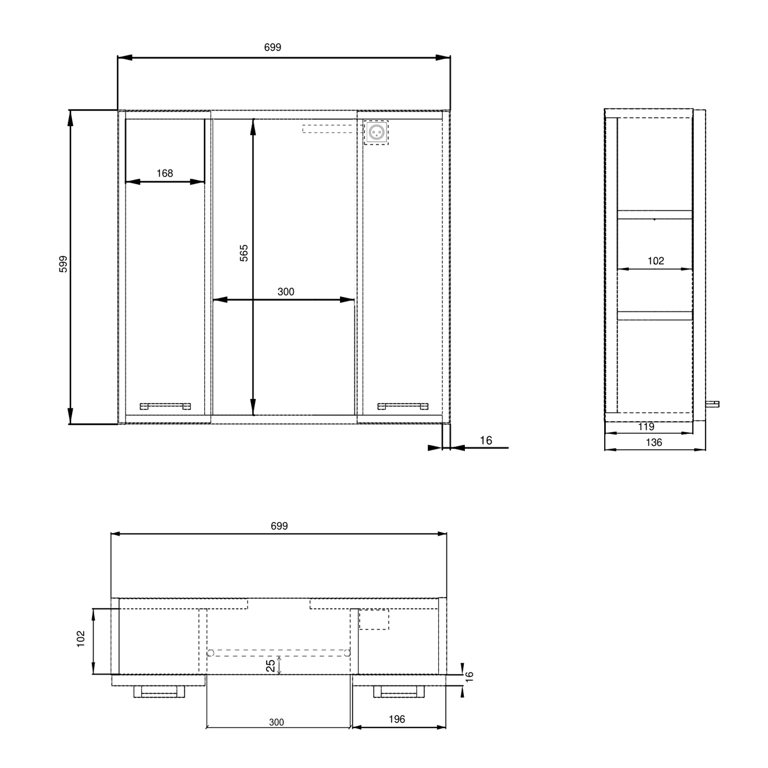 Aqualine ZOJA/KERAMIA FRESH STRIP galerka s LED osvětlením, 70x60x14cm, bílá, technický nákres