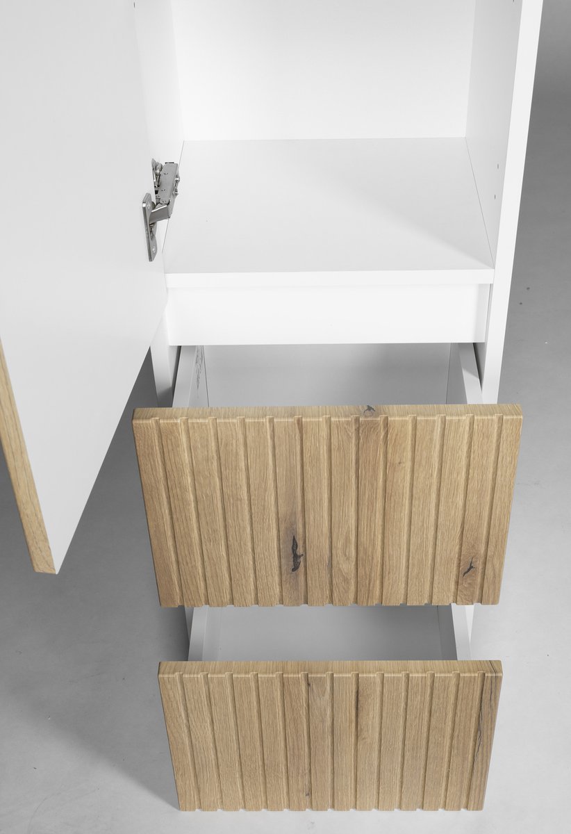 Aqualine PANEDA STRIP skříňka vysoká 35x165x31cm, levá/pravá, dub emporio, s otevřenými dvířky a zásuvkami