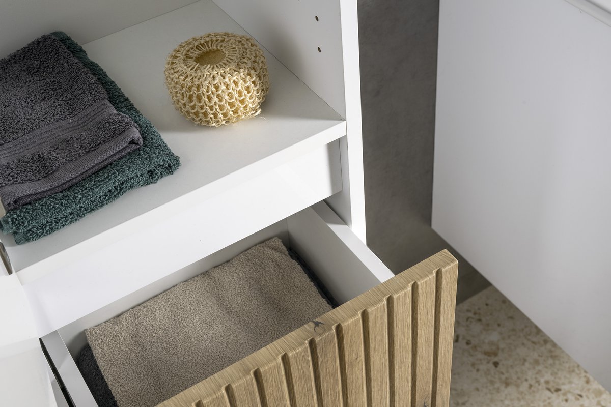 Aqualine PANEDA STRIP skříňka vysoká 35x165x31cm, levá/pravá, dub emporio, otevřená zásuvka s ručníky