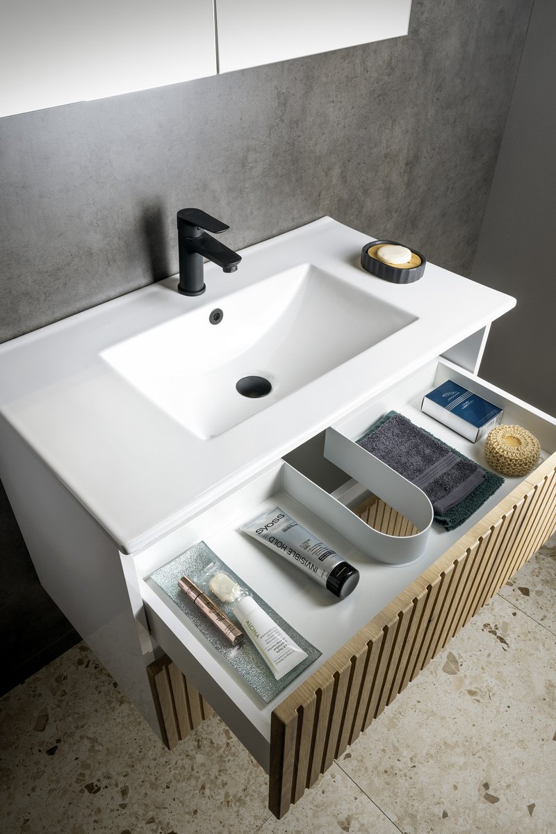 Aqualine PANEDA STRIP umyvadlová skříňka 79,5x55x45,2cm, dub emporio, otevřená zásuvka s doplňky