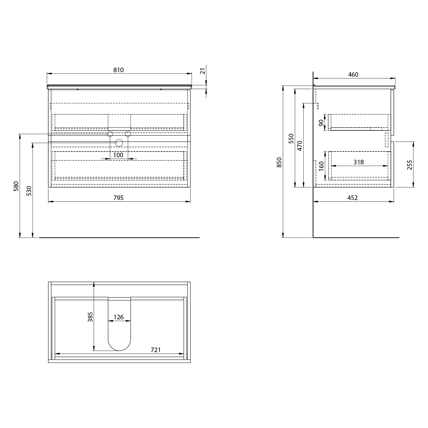 Aqualine PANEDA STRIP umyvadlová skříňka 79,5x55x45,2cm, dub emporio, technický nákres