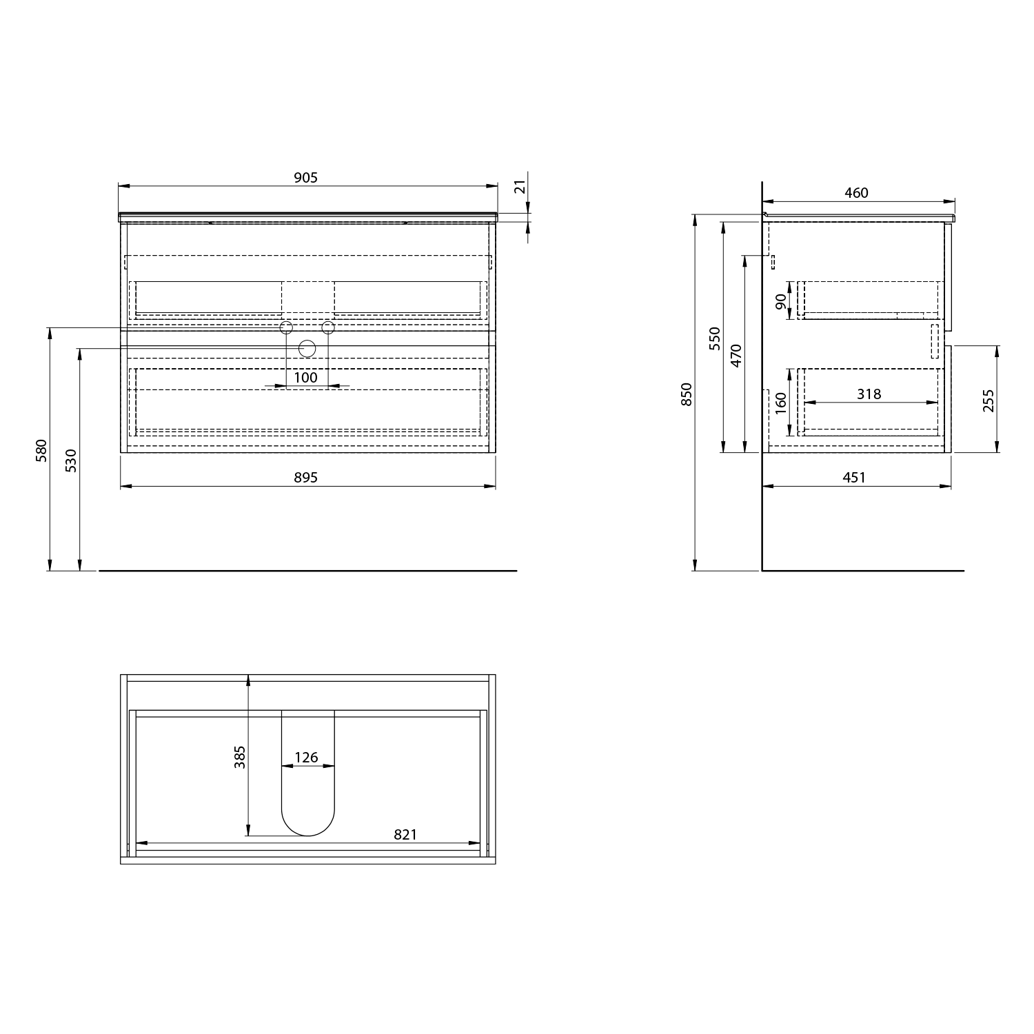 Aqualine PANEDA STRIP umyvadlová skříňka 89,5x55x45,2cm, dub emporio, technický nákres